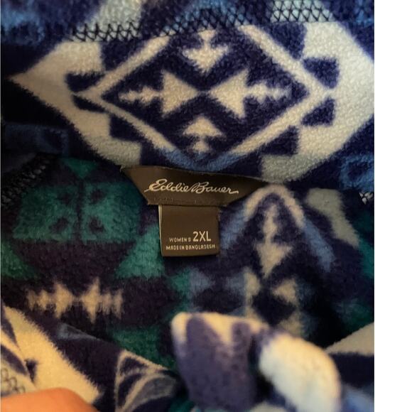 Eddie Bauer pullover blue green white Geo Print Mock Neck Flannel SZ 2XL - Picture 5 of 8